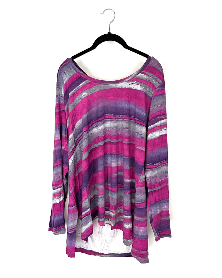 Pink Purple And Grey Abstract Print Long Sleeve Shirt - Size 14-16