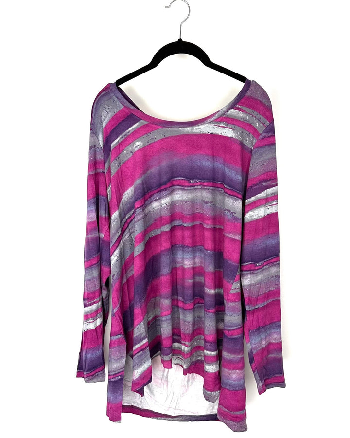 Pink Purple And Grey Abstract Print Long Sleeve Shirt - Size 14-16