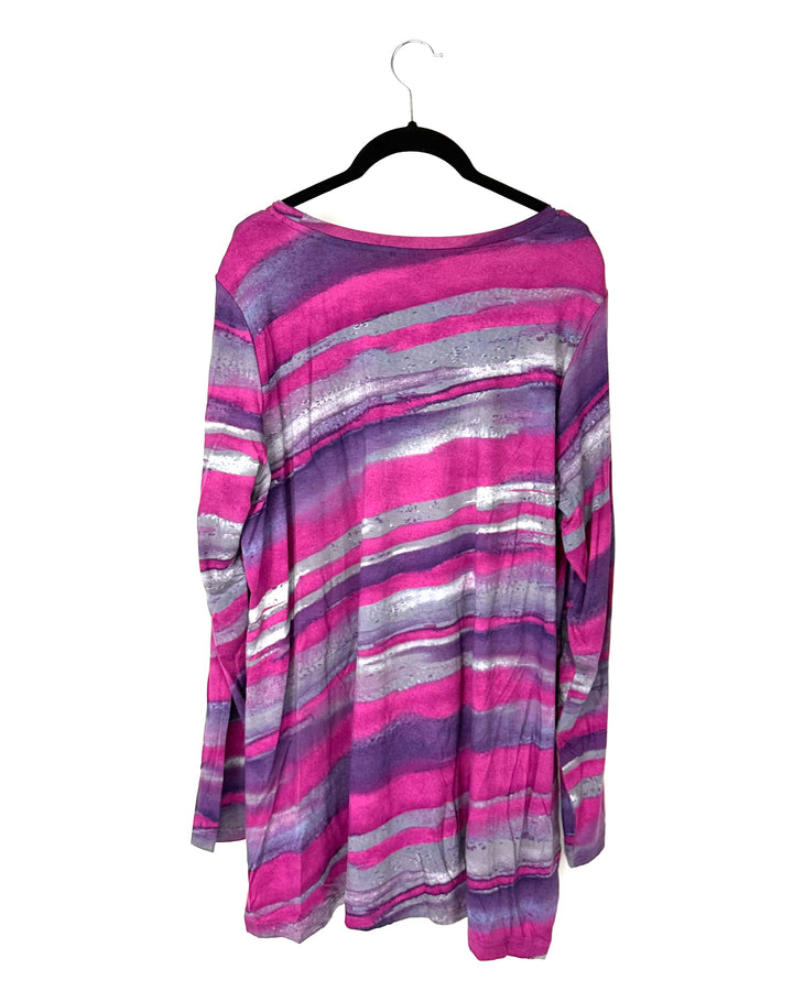 Pink Purple And Grey Abstract Print Long Sleeve Shirt - Size 14-16