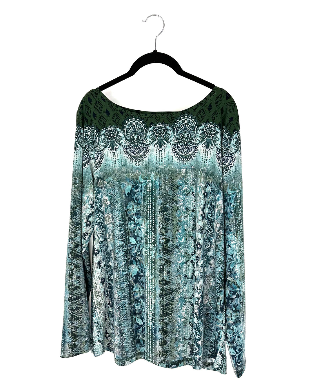 Teal And Green Abstract Print Long Sleeve Shirt - Size 14-16