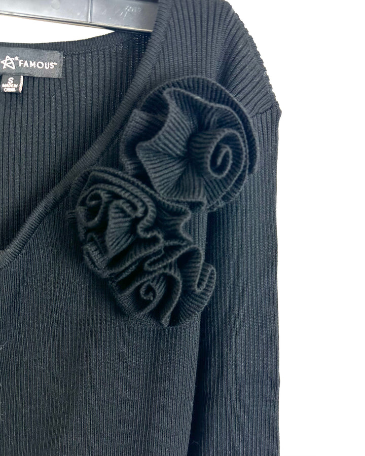 Black Ribbed Knit Dress with Rosette Detail - Size 2/4