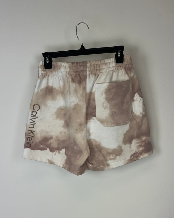 Brown and White Tie-Dye Shorts With Pockets - Small