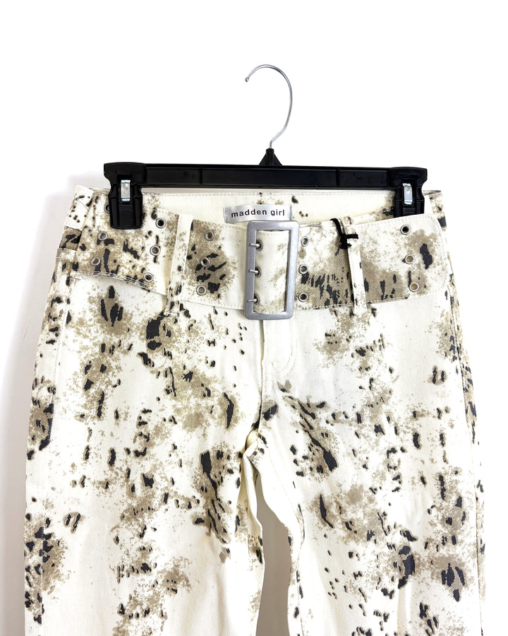 Cream Patterned Flare Jeans - Size 0/2