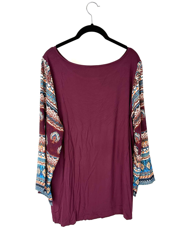 Long Sleeve Maroon and Abstract Pattern Shirt - Size 14-16
