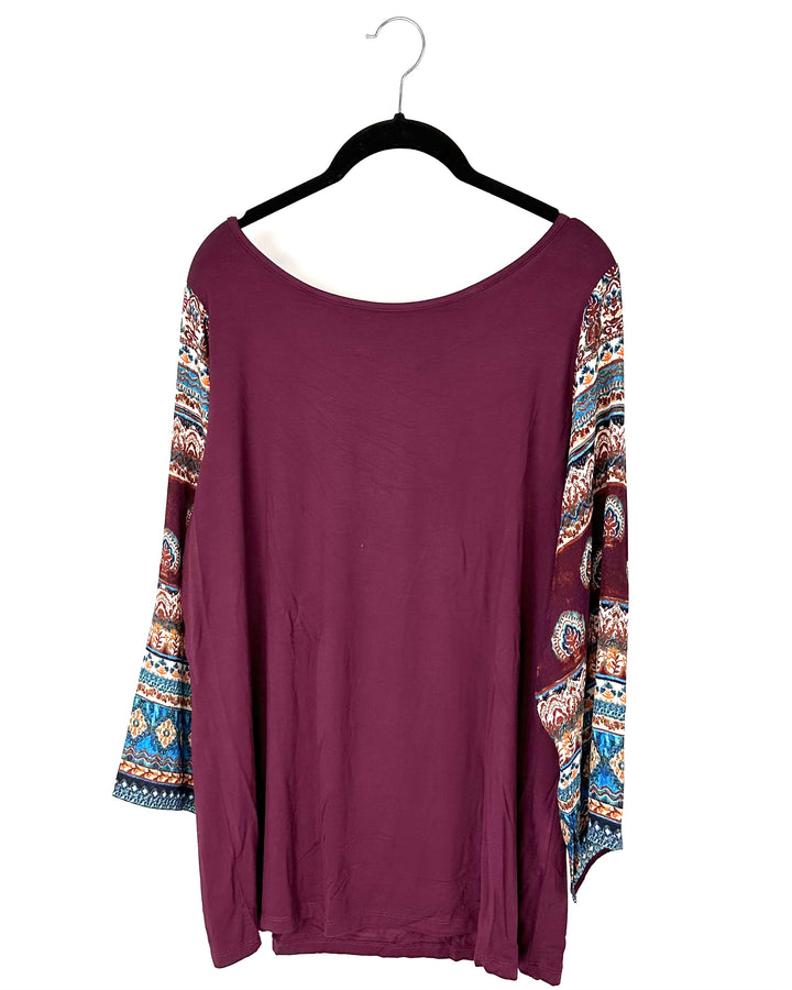 Long Sleeve Maroon and Abstract Pattern Shirt - Size 14-16