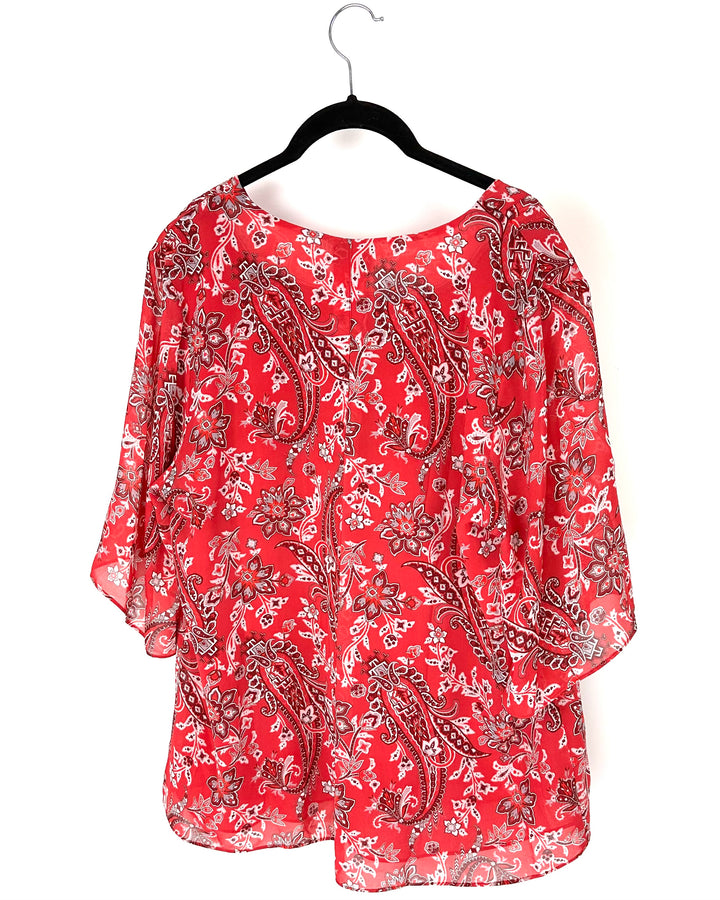 Red Paisley Print Button-Down Three-Quarter Sleeve - Size 14-16