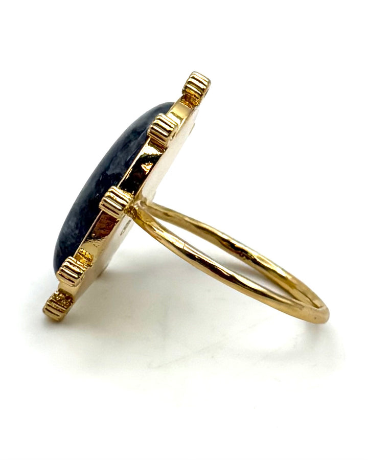Black Marbled Stone Gold Ring - Size 8