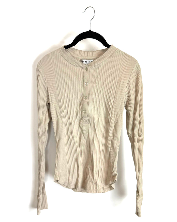 Beige Long Sleeve Ribbed Button Down Top - Size 4/6