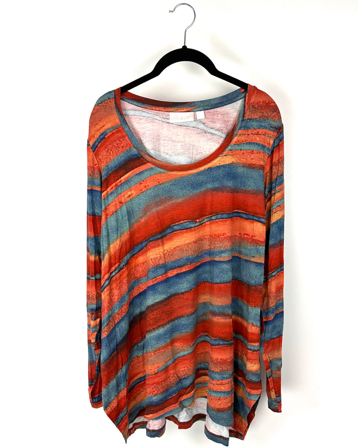 Blue And Orange Abstract Print Long Sleeve Shirt - Size 14-16
