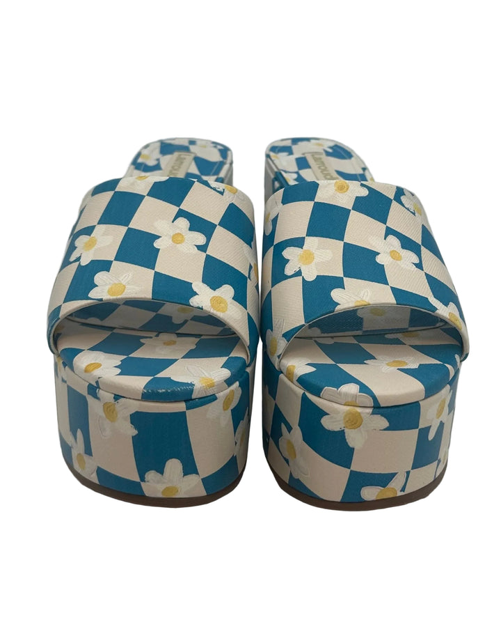 Blue and White Checkerboard Daisy Platform Mule- Size 6.5, 7, and 9.5