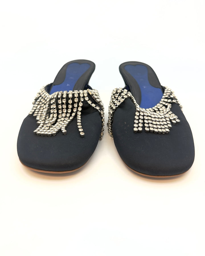 Round Toe Black and Silver Fringe Mules - Size 40