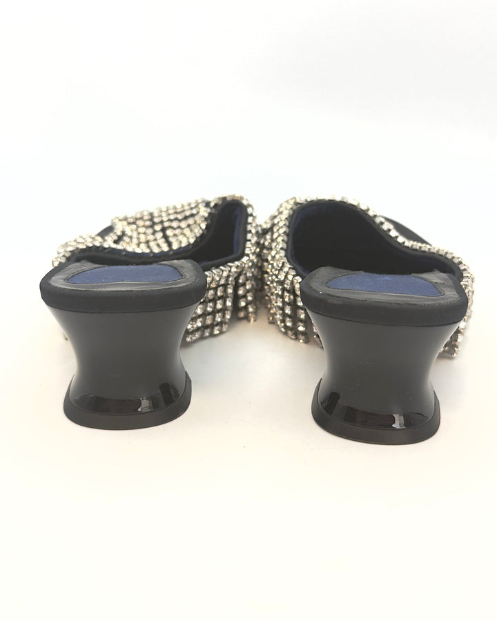 Round Toe Black and Silver Fringe Mules - Size 40