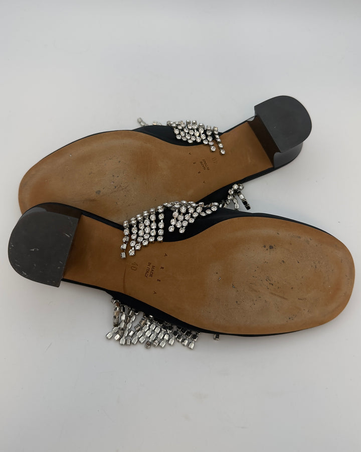 Round Toe Black and Silver Fringe Mules - Size 40
