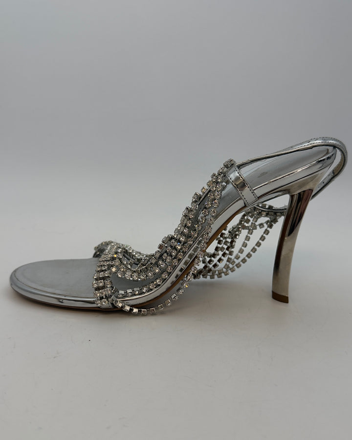 Light Silver Rhinestone Leather Heels - Size 39
