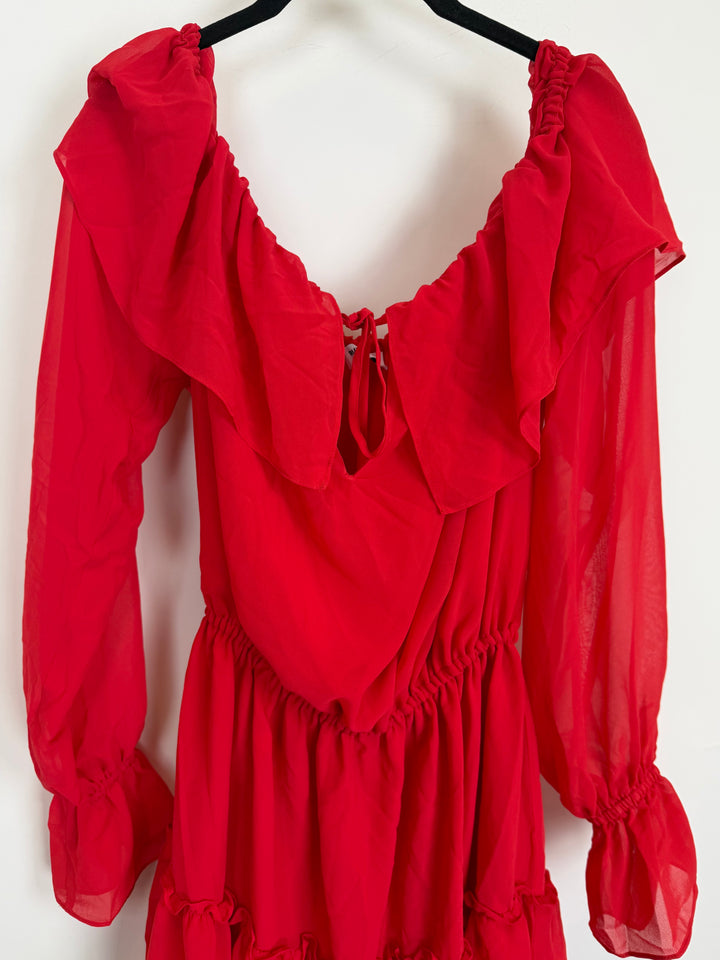 Red Off The Shoulder Sheer Dress - Size 0/2