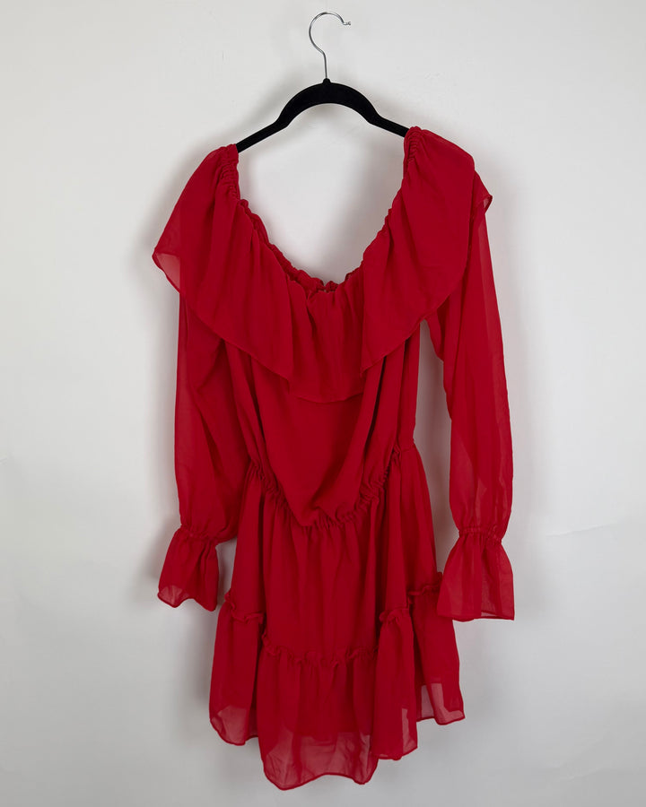 Red Off The Shoulder Sheer Dress - Size 0/2