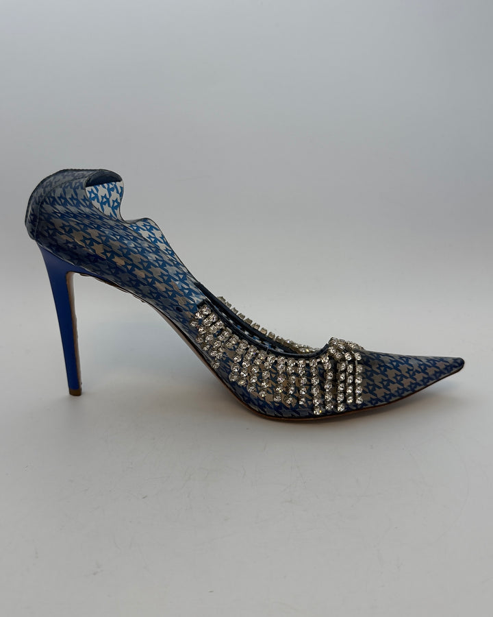 Clear and Blue Rhinestone Fringe Pumps - Size 41
