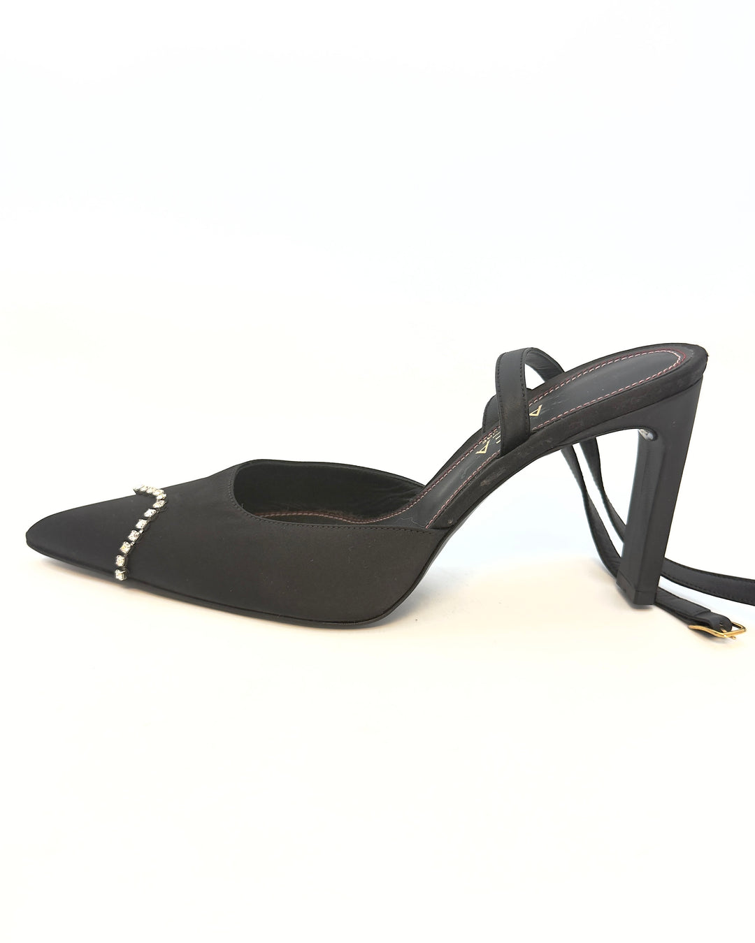 Dainty Silver Rhinestone Toe and Black Satin Heels - Size 40