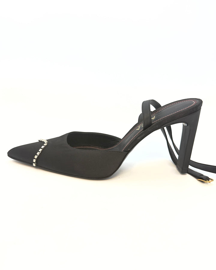 Dainty Silver Rhinestone Toe and Black Satin Heels - Size 40