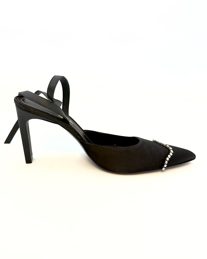 Dainty Silver Rhinestone Toe and Black Satin Heels - Size 40