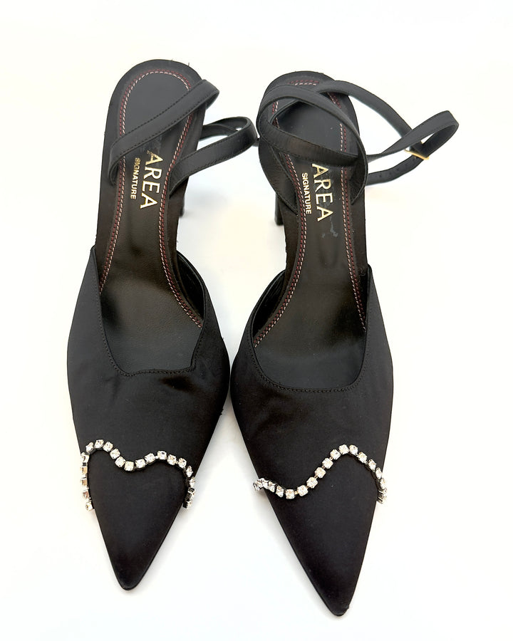 Dainty Silver Rhinestone Toe and Black Satin Heels - Size 40