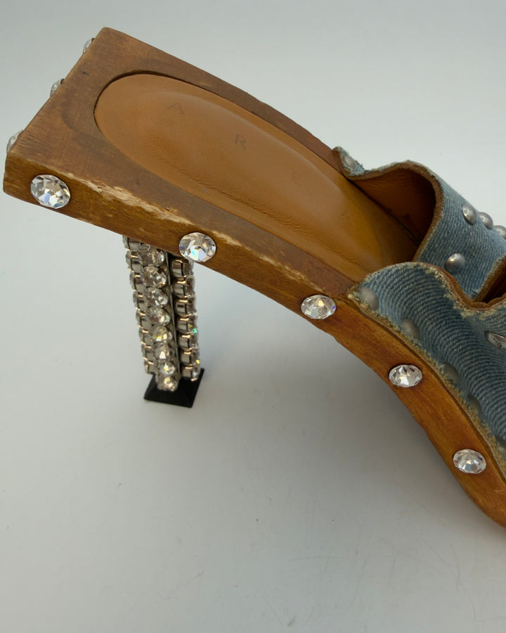 Denim Stud Square Toe Heels - Size 40