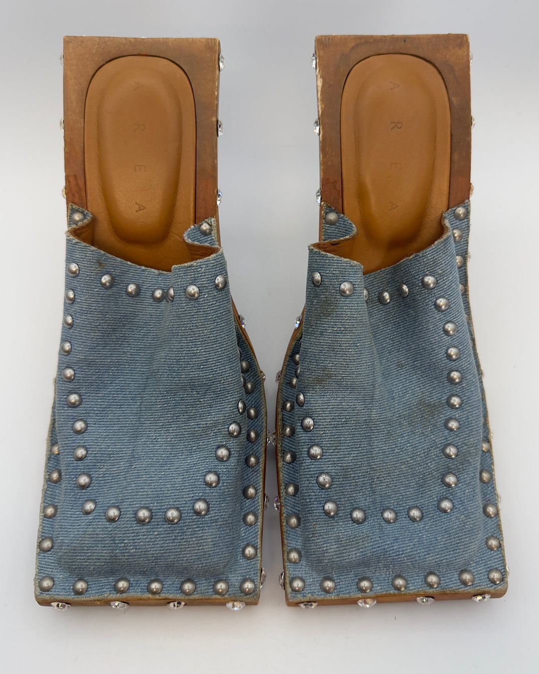 Denim Stud Square Toe Heels - Size 40