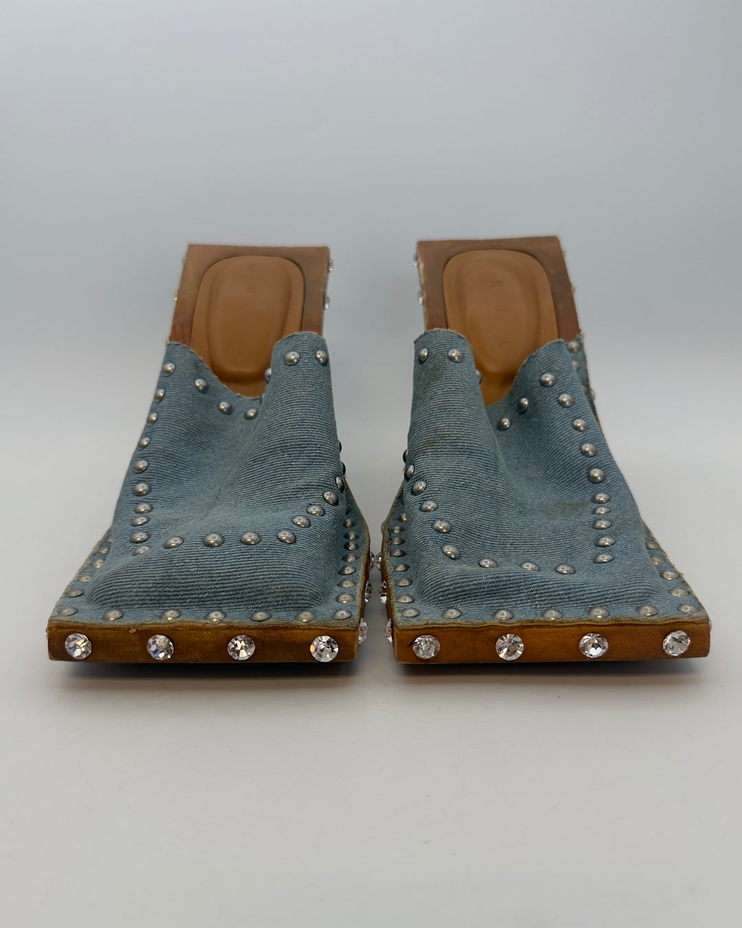 Denim Stud Square Toe Heels - Size 40