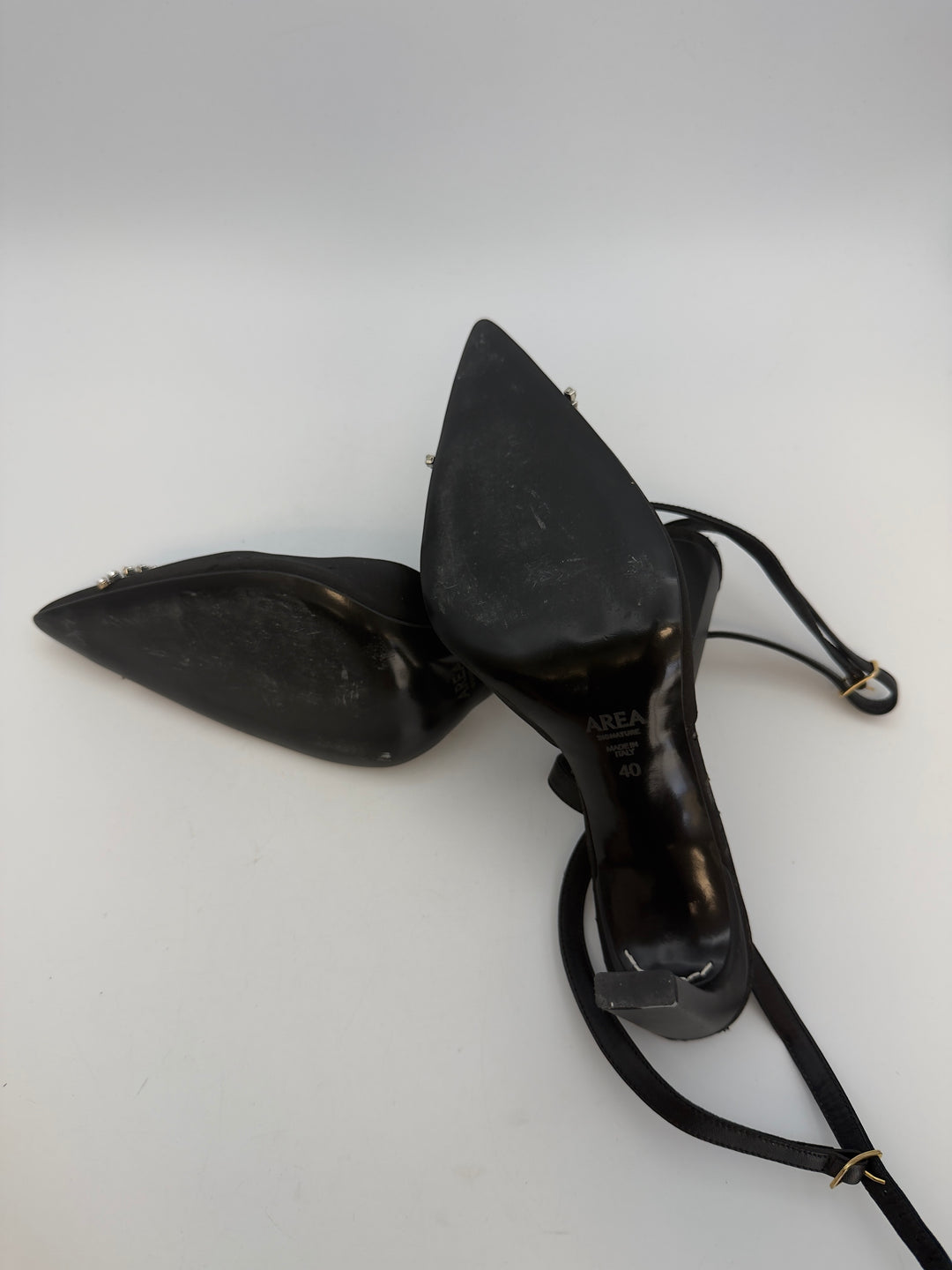 Dainty Silver Rhinestone Toe and Black Satin Heels - Size 40