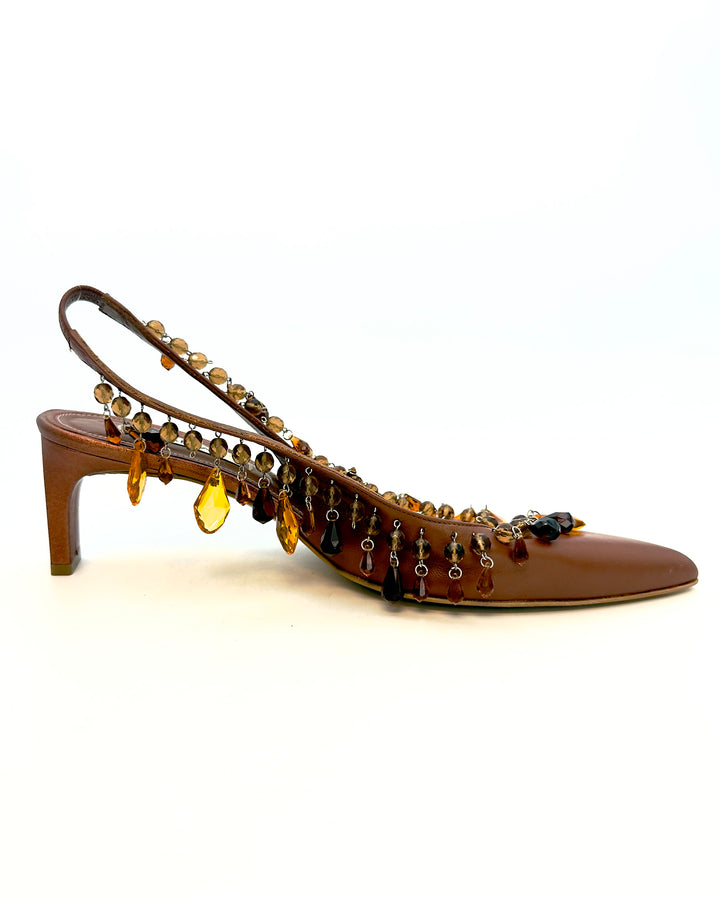 Chestnut Brown Leather Beaded Heels - Size 40