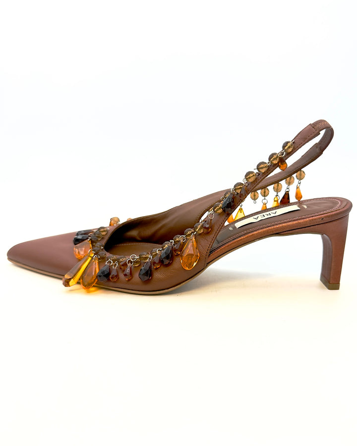 Chestnut Brown Leather Beaded Heels - Size 40