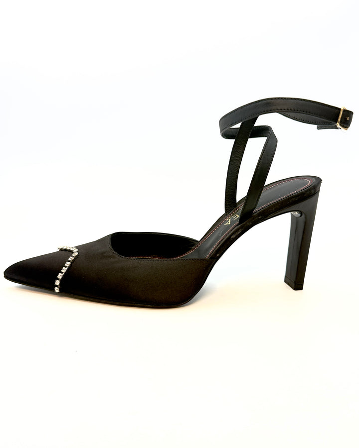 Dainty Silver Rhinestone Toe and Black Satin Heels - Size 40