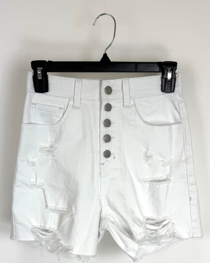 White High Waist Distressed Shorts - Size 0/2