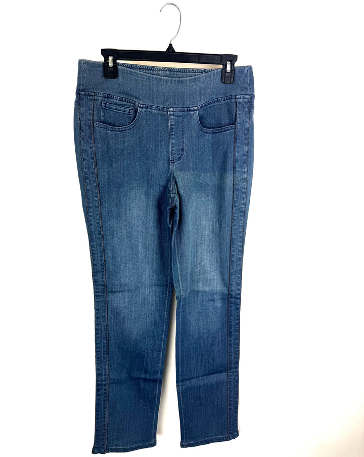 Mid-Wash Straight-Leg Jeans with Black Gem Side Detail- Size 12