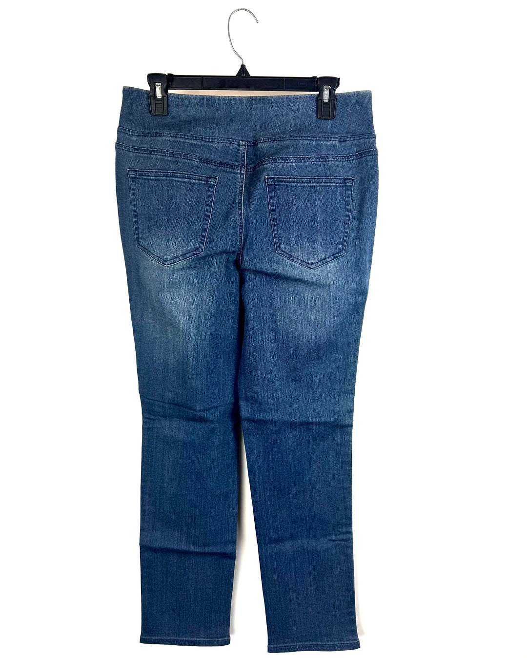 Mid-Wash Straight-Leg Jeans with Black Gem Side Detail- Size 12