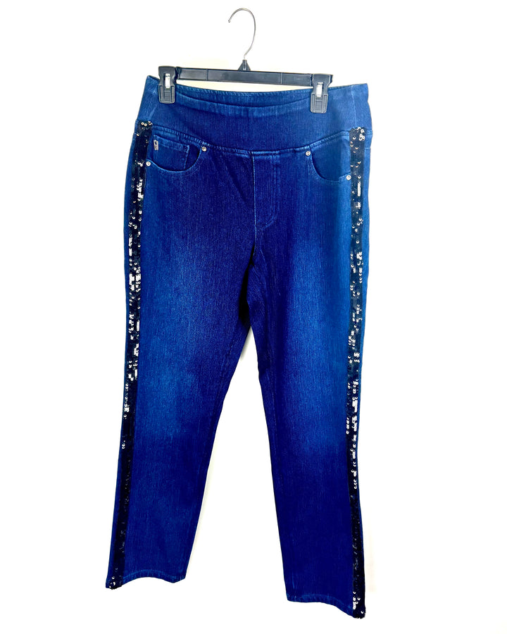 Indigo Jeans with Black Sequin Side Stripe- Size 12