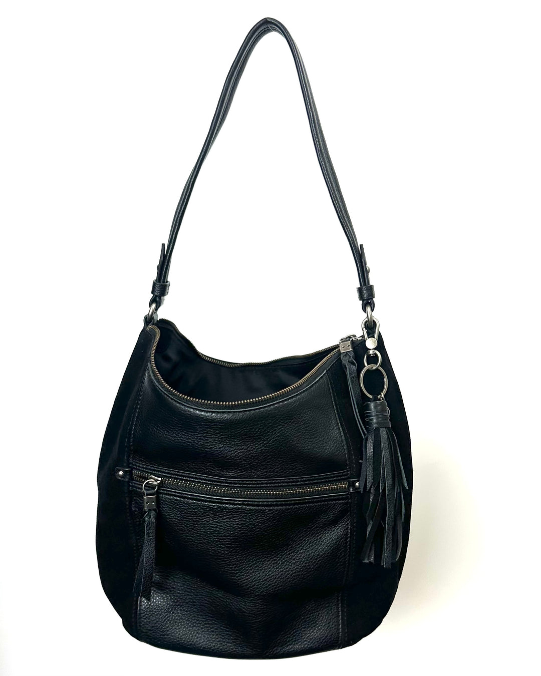 Black Leather and Suede Tassel Shoulder Bag