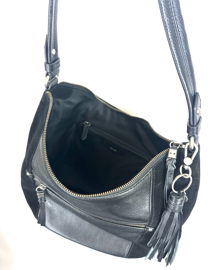 Black Leather and Suede Tassel Shoulder Bag