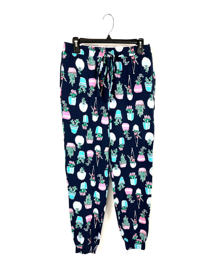 Navy Blue Plant Print Pajama Joggers - Small