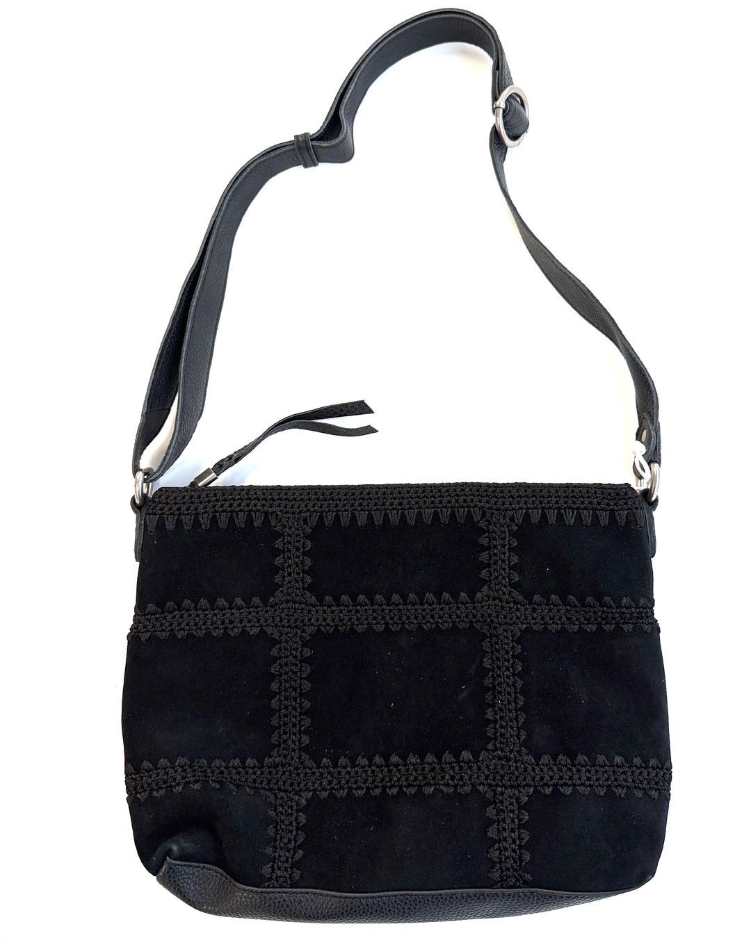 Ink Black Suede Crochet Crossbody Bag
