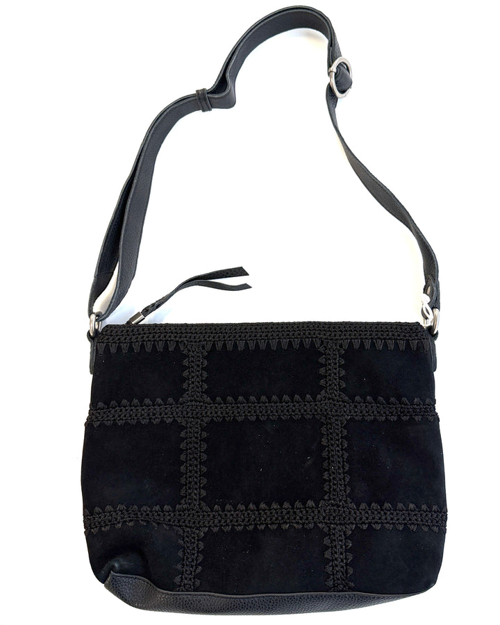 Ink Black Suede Crochet Crossbody Bag