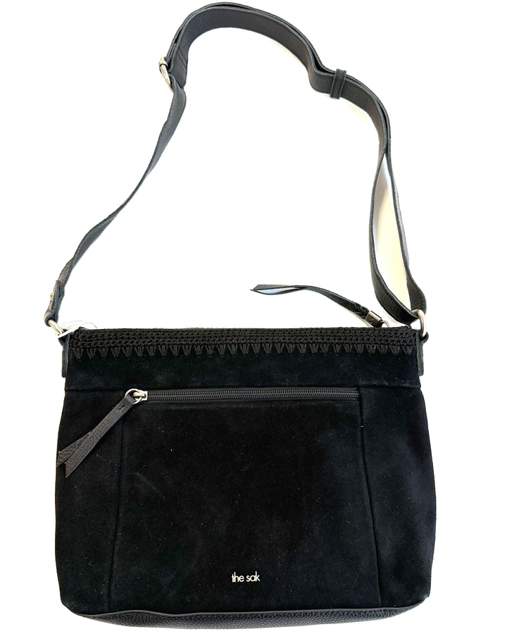Ink Black Suede Crochet Crossbody Bag
