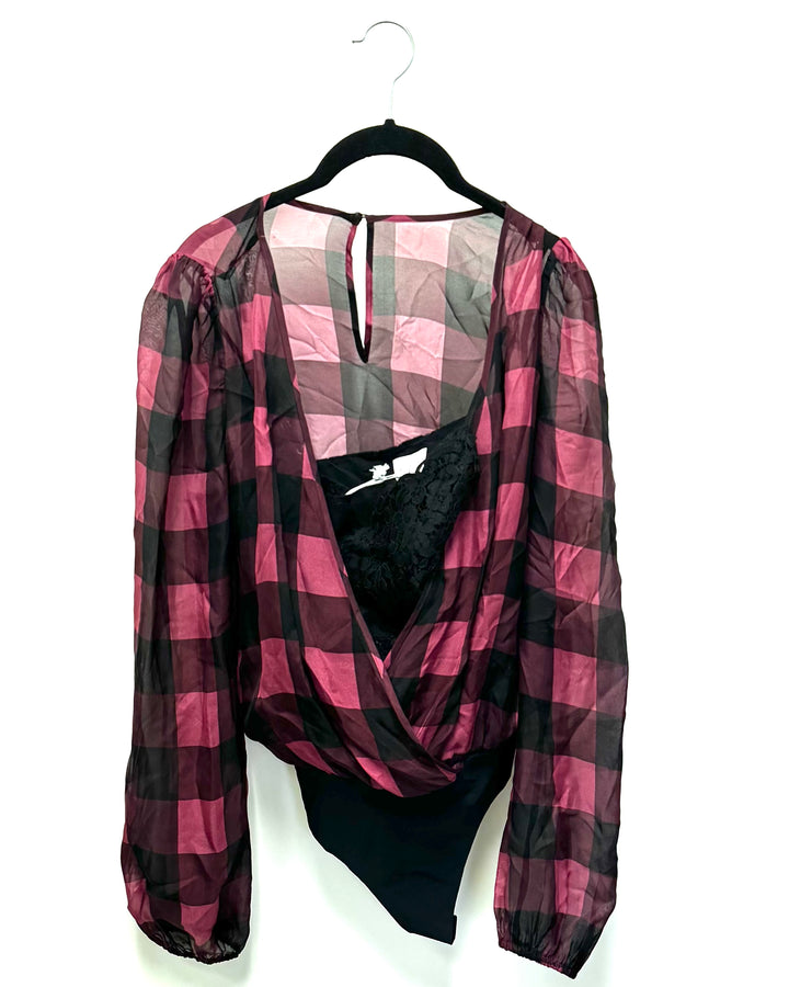 Pink and Black Plaid Bodysuit - Small