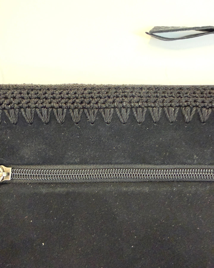 Ink Black Suede Crochet Crossbody Bag