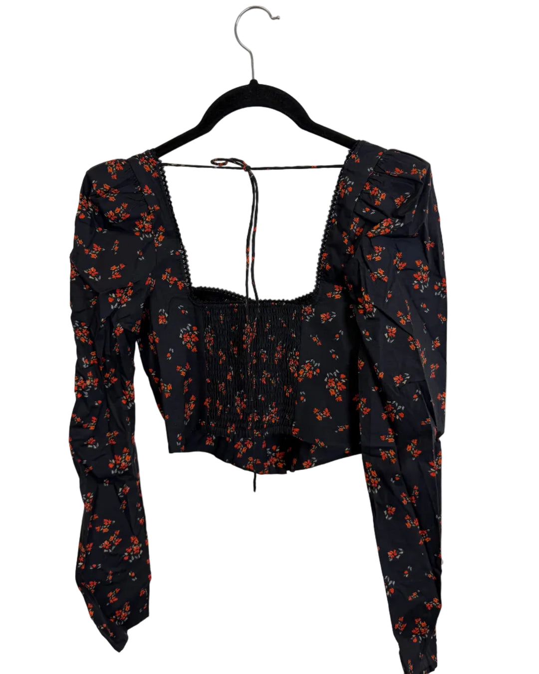 Navy Blue Floral Long Sleeve Corset Top - Size 2/4