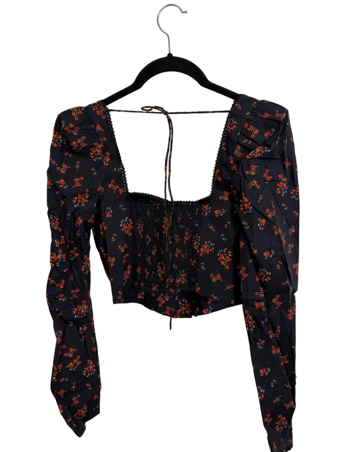 Navy Blue Floral Long Sleeve Corset Top - Size 2/4