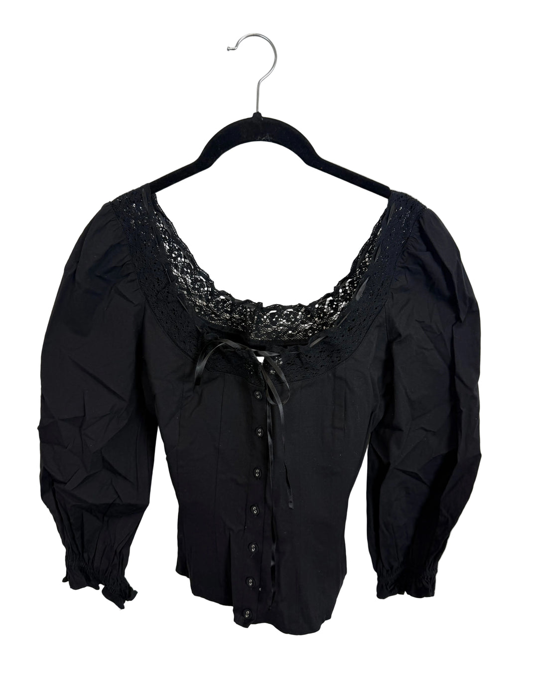 Black Lace Trim Long Sleeve Top - Size 2/4