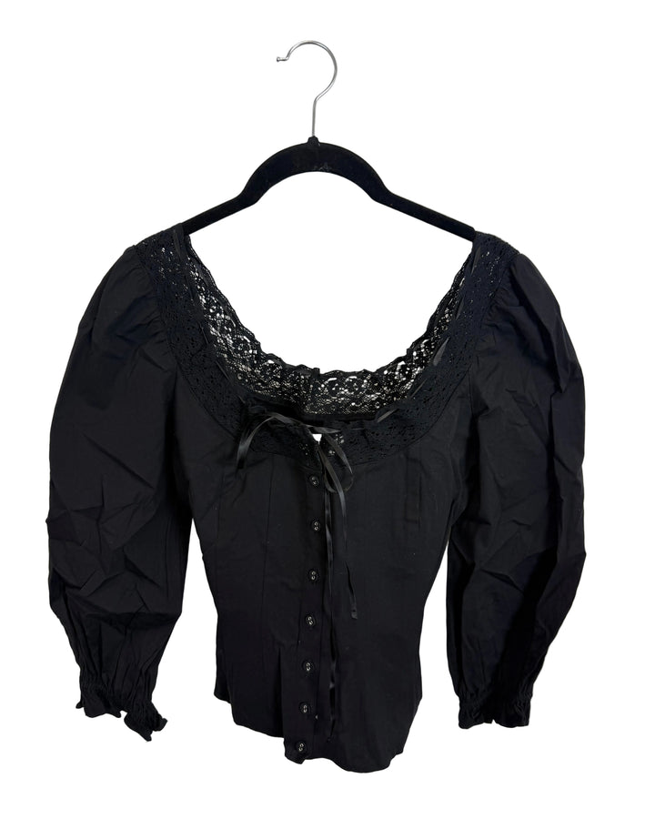 Black Lace Trim Long Sleeve Top - Size 2/4