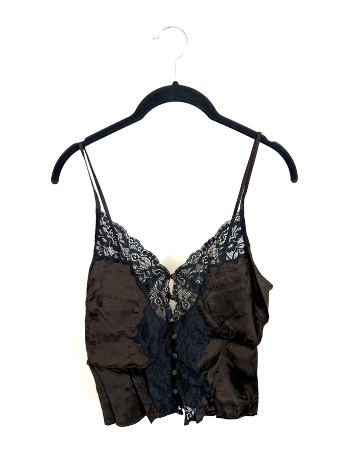 Brown Satin Tank with Black Lace Trim - Size 0/2