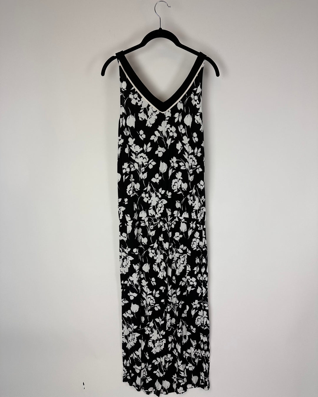 Long Black and White Floral Jumpsuit - Small